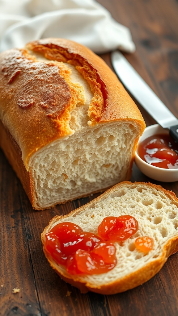 Homemade Bread with Fruit Jam Recipe A loaf of homemade bread sliced, with fruit jam on a rustic wooden table.